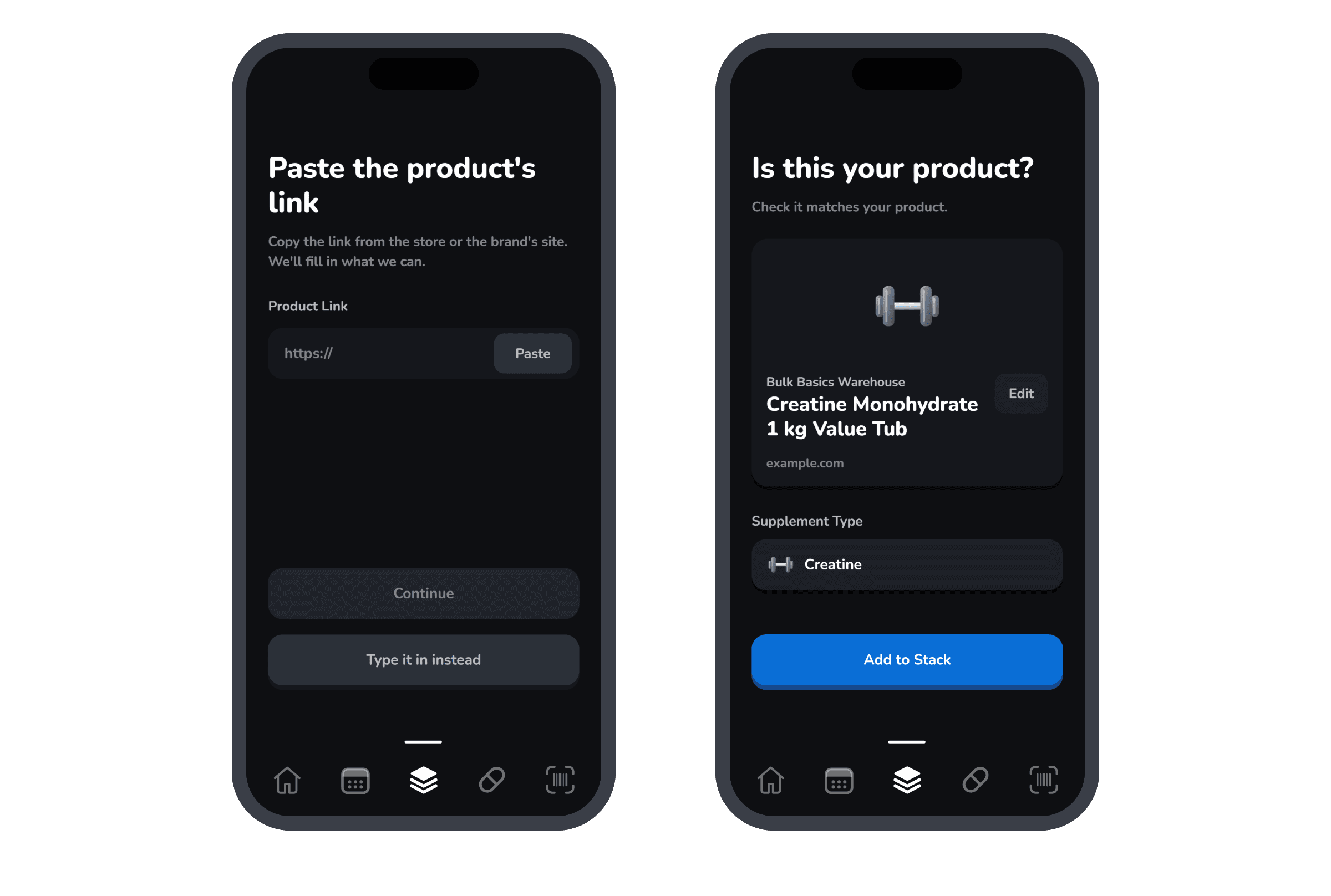 Two phones. Paste the product's link, with a Product Link field and a Paste button. Is this your product, with Bulk Basics Warehouse Creatine Monohydrate 1 kg Value Tub filled in and an Add to Stack button.