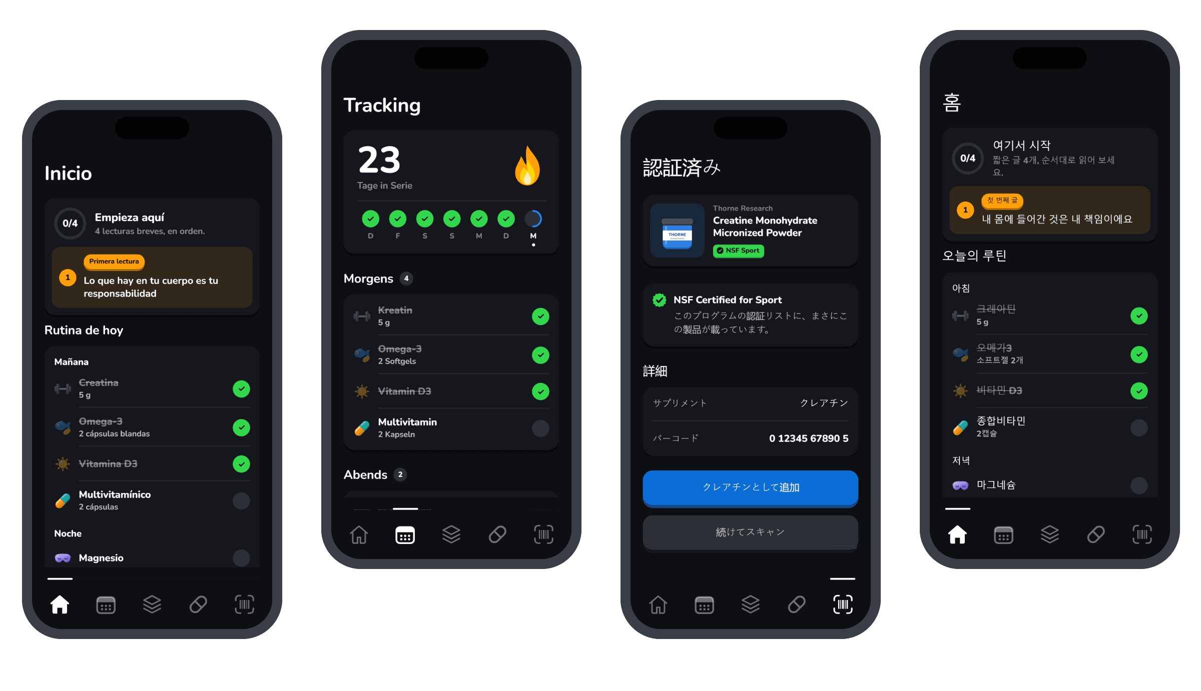 Four phones showing Varsity Stack in four languages: Home in Spanish, Track in German with a 23 day streak, a Certified scan result in Japanese, and Home in Korean.